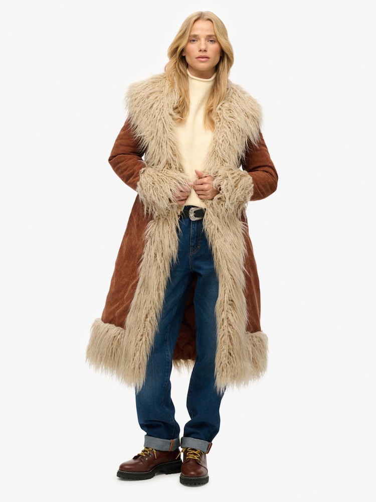 Superdry Chestnut Brown Long Afghan Coat - Image 1 of 8 Superdry Chestnut Brown Long Afghan Coat - Image 1 of 8