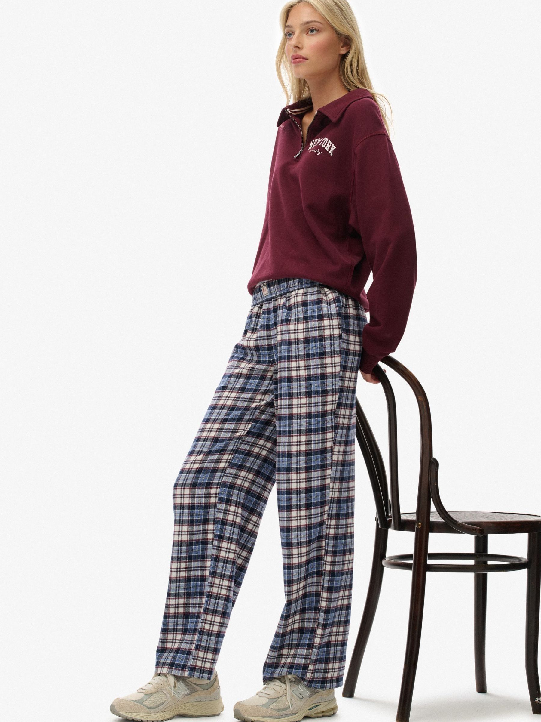 Superdry Women's Blue Red Check Cotton Check Elastic Trousers