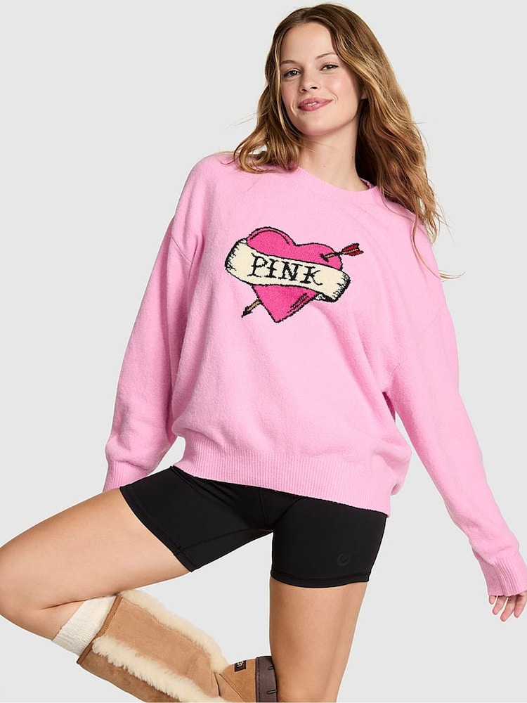 Victoria's Secret Pink Pink Heart Print Oversized Sweatshirt - Image 1 of 3 Victoria's Secret Pink Pink Heart Print Oversized Sweatshirt - Image 1 of 3