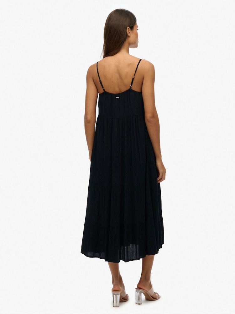 Superdry Black Half Button Tiered Midi Dress - Image 2 of 7
