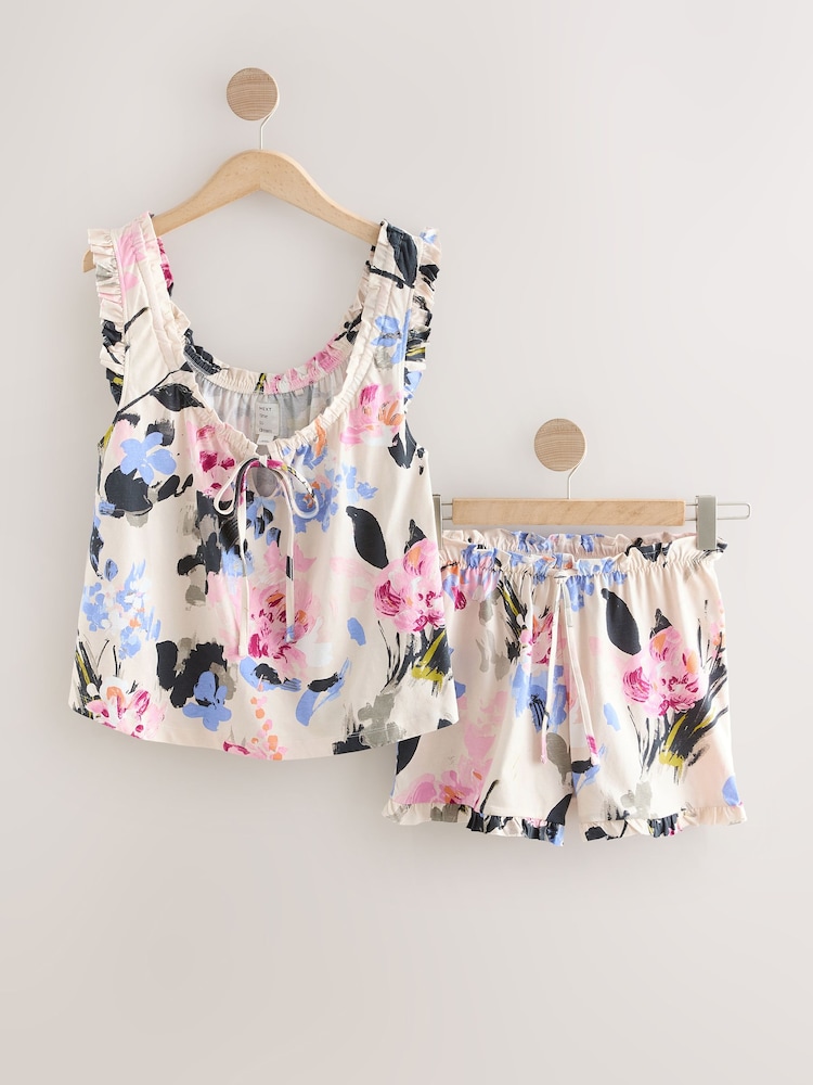 Cream Floral 100% Cotton Vest Short Set Pyjamas - Image 1 of 3 Cream Floral 100% Cotton Vest Short Set Pyjamas - Image 1 of 3