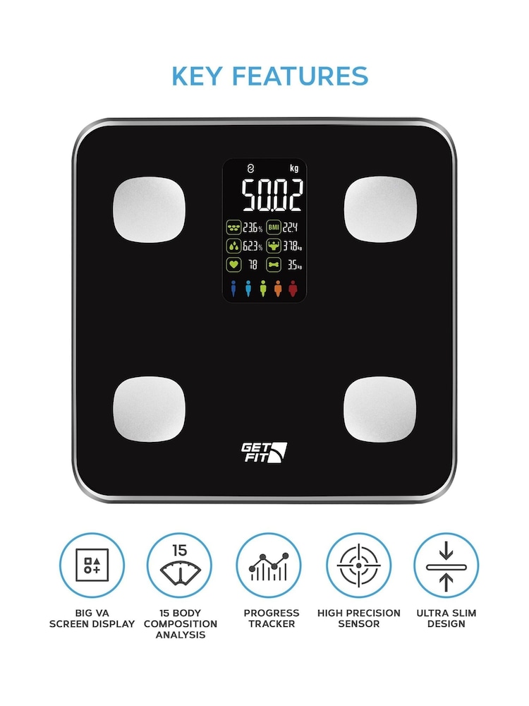 Get Fit Black Smart Body Fat Digital LED Bathroom Scales - Image 1 of 7