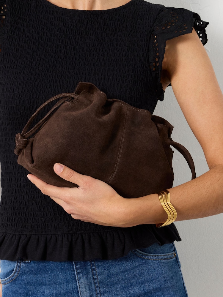 FatFace Chocolate Brown Suede Ruched Crossbody Bag - Image 2 of 6
