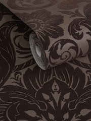 Laurence Llewelyn-Bowen Bronze Brown Damask Sauvage Flock 10M Wallpaper - Image 3 of 5