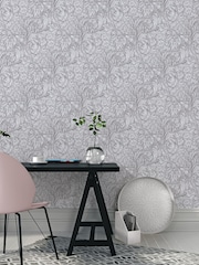 Laurence Llewelyn-Bowen Silver Grey Hedgerovia Floral Print 10M Wallpaper - Image 1 of 4