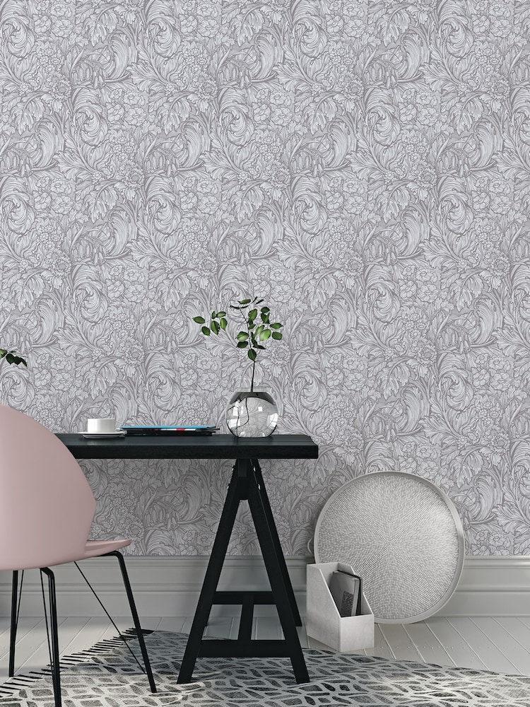 Laurence Llewelyn-Bowen Silver Grey Hedgerovia Floral Print 10M Wallpaper - Image 1 of 4