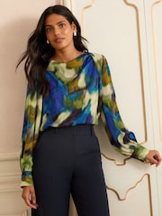 Multicolor - Love & Roses Long Sleeve Satin Cowl Neck Blouse - Imagen 1 de 4