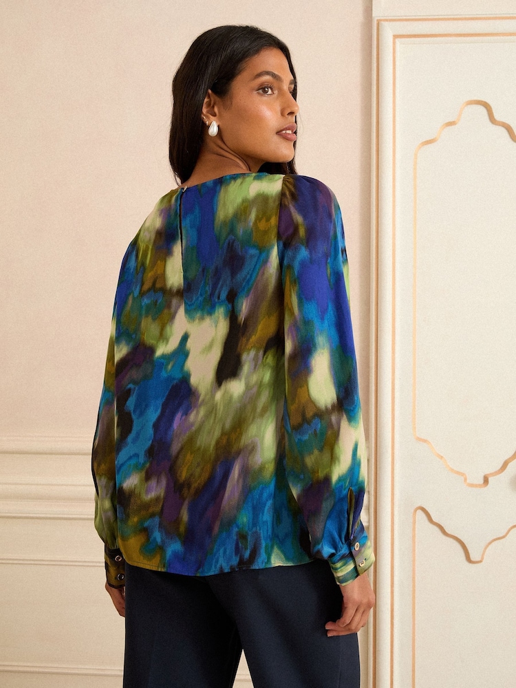 Multicolor - Love & Roses Long Sleeve Satin Cowl Neck Blouse - Imagen 2 de 4