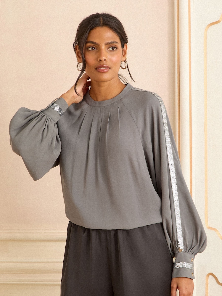Love & Roses Grey Crew Neck Long Sleeve Sequin Trim Blouse - Image 1 of 4