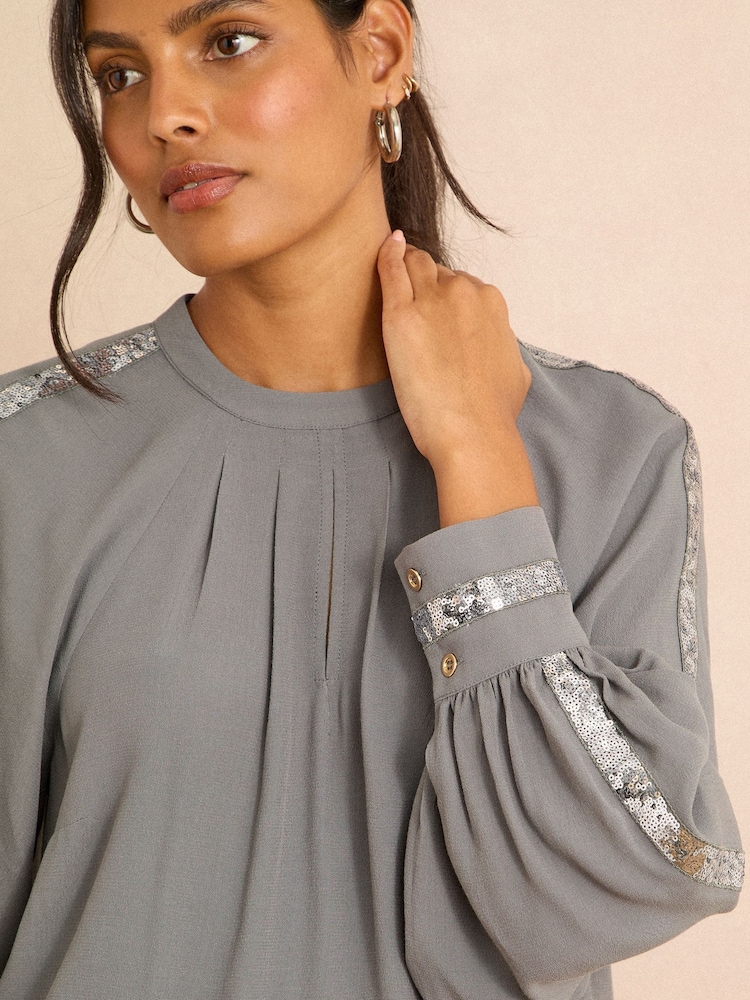 Love & Roses Grey Crew Neck Long Sleeve Sequin Trim Blouse - Image 2 of 4