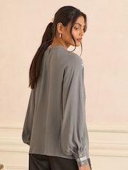 Love & Roses Grey Crew Neck Long Sleeve Sequin Trim Blouse - Image 4 of 4