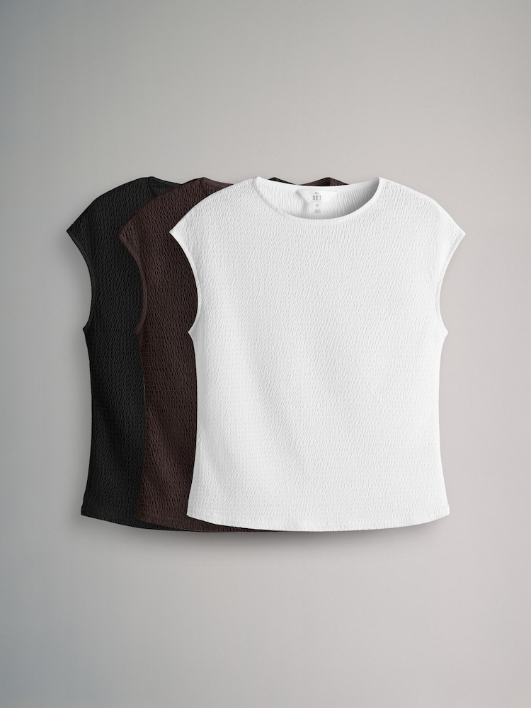 The Set Black/White/Chocolate Brown 3 Pack Textured Cap Sleeve T-Shirts - Image 2 of 14 The Set Black/White/Chocolate Brown 3 Pack Textured Cap Sleeve T-Shirts - Image 2 of 14