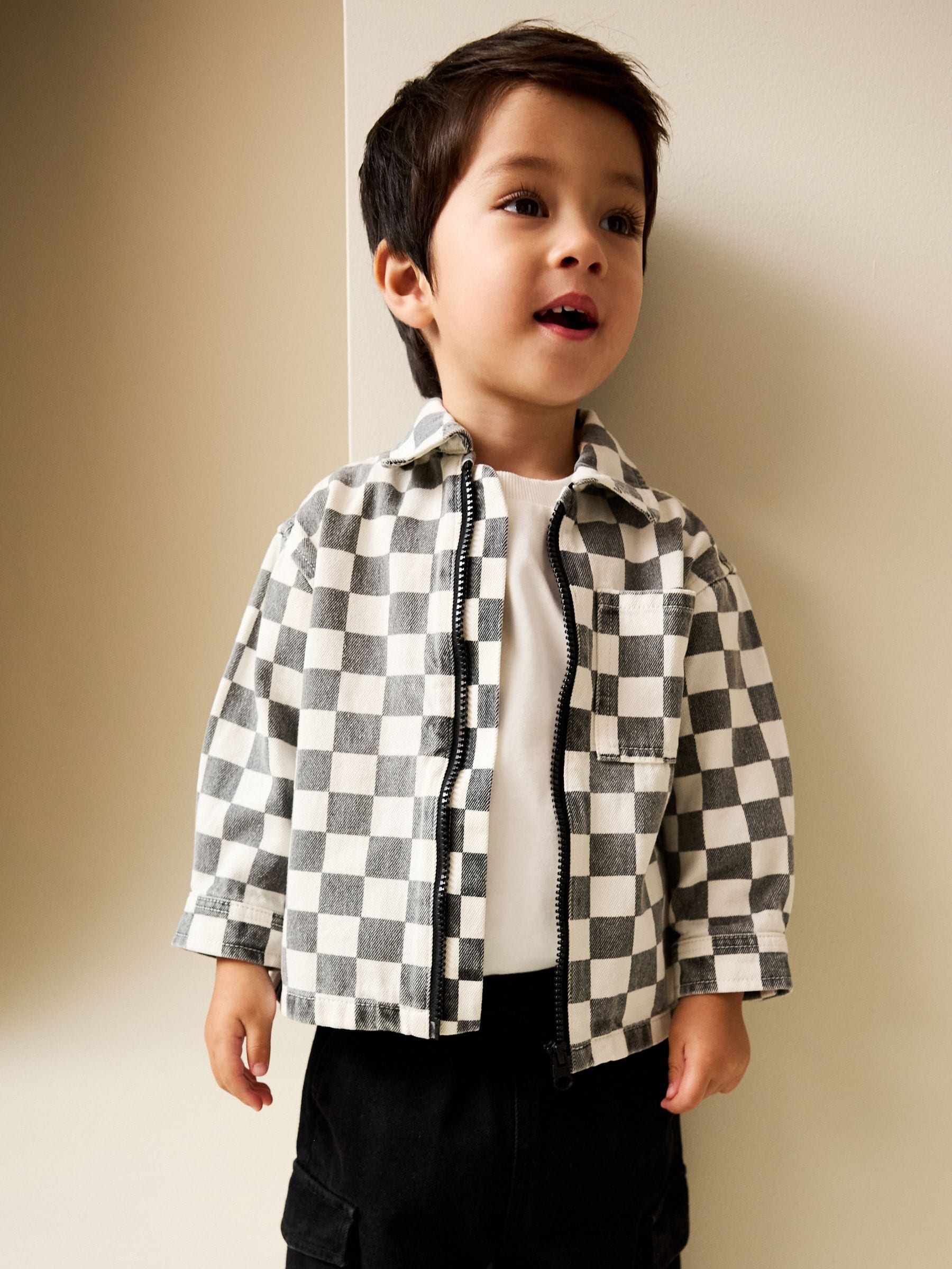 Grey/White Checkerboard Long Sleeve Zip Through Overshirt (6mths-7yrs)