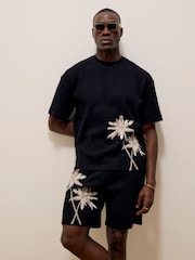 River Island Black Ovesized Short Sleeve Plisse Palm T-Shirt - Image 1 of 4