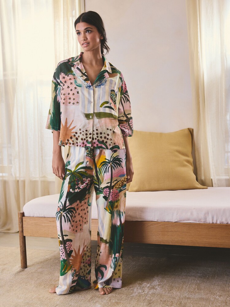 Orange Palms Viscose/Linen Blend Button Through Pyjamas - Image 1 of 9 Orange Palms Viscose/Linen Blend Button Through Pyjamas - Image 1 of 9