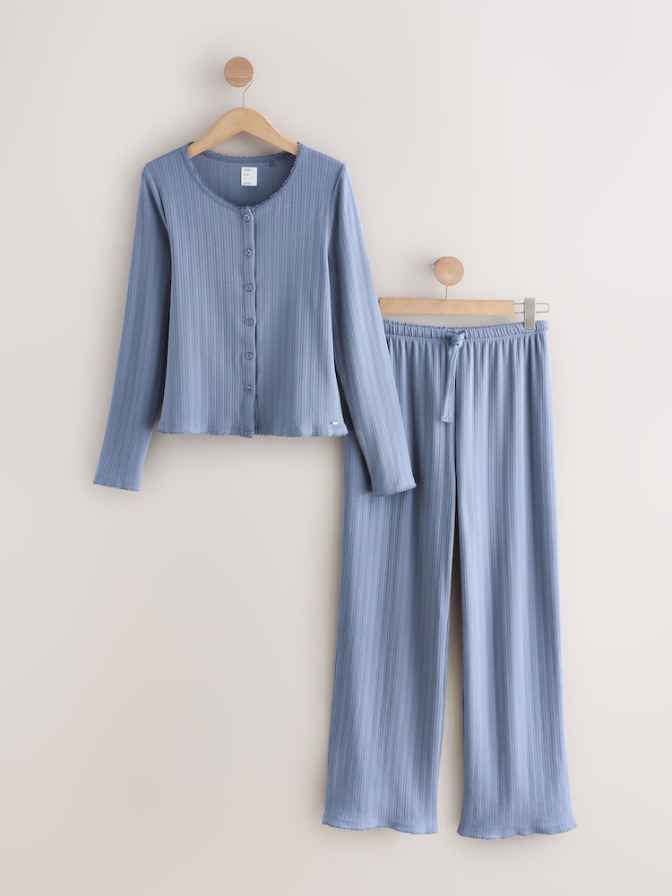 Blue Cosy Pointelle Long Sleeve Pyjamas - Image 1 of 3 Blue Cosy Pointelle Long Sleeve Pyjamas - Image 1 of 3