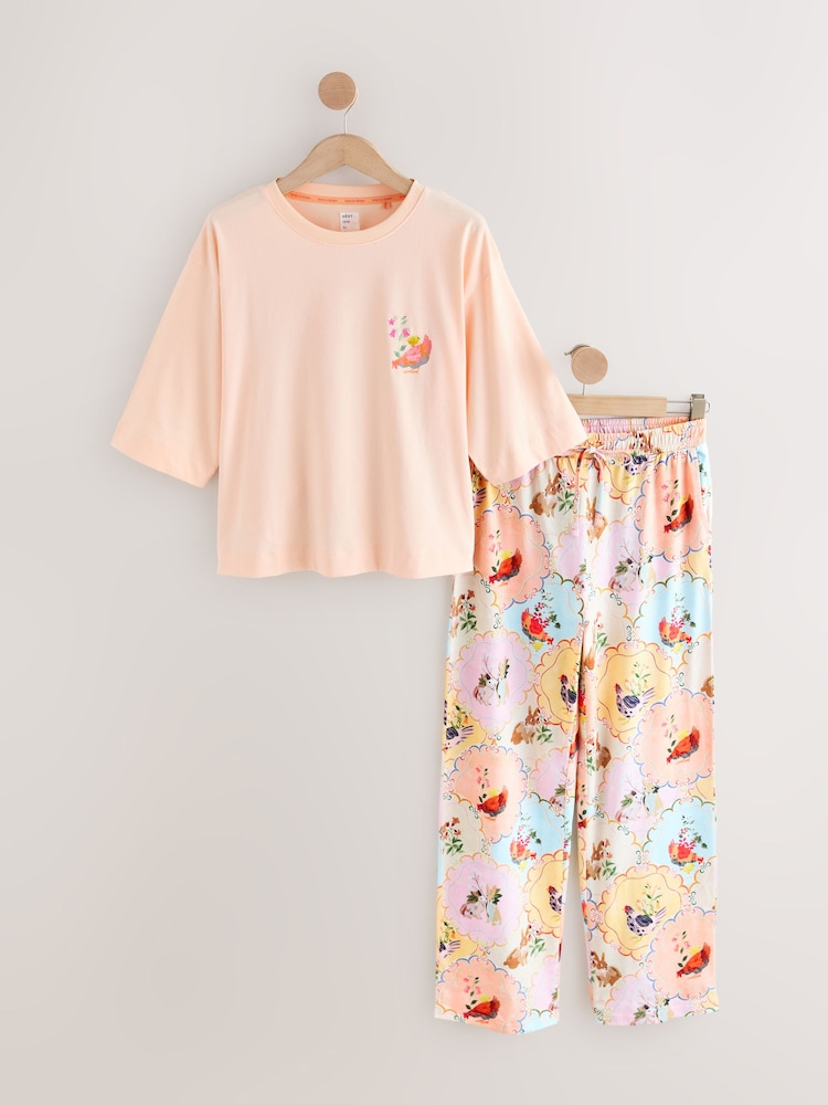 Peach Pink Hen Jersey Short Sleeve Pyjamas - Image 1 of 3 Peach Pink Hen Jersey Short Sleeve Pyjamas - Image 1 of 3