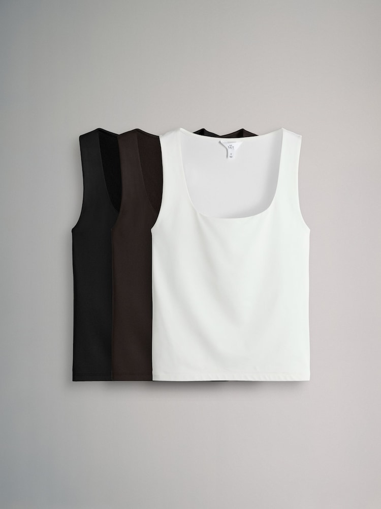 The Set Black/Chocolate Brown/White 3 Pack Soft Touch Polyamide Square Neck Vests - Image 2 of 14