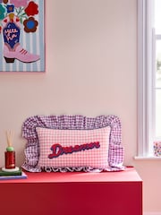 Eleanor Bowmer Pink Gingham Dreamer Sloagan Ruffle Cushion - Image 1 of 5