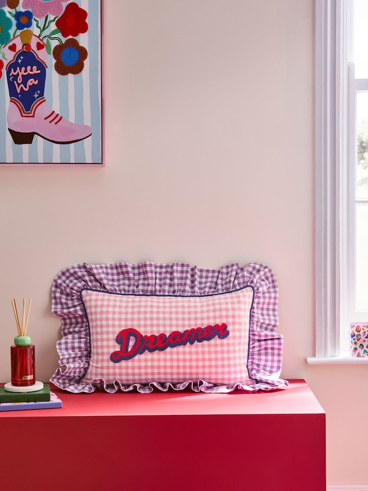 Eleanor Bowmer Pink Gingham Dreamer Sloagan Ruffle Cushion - Image 1 of 5 Eleanor Bowmer Pink Gingham Dreamer Sloagan Ruffle Cushion - Image 1 of 5