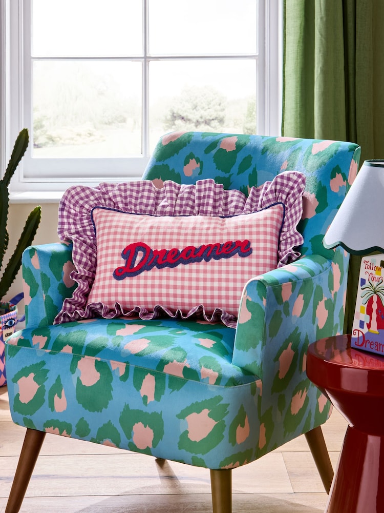 Eleanor Bowmer Pink Gingham Dreamer Sloagan Ruffle Cushion - Image 2 of 5 Eleanor Bowmer Pink Gingham Dreamer Sloagan Ruffle Cushion - Image 2 of 5