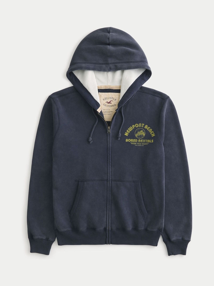 Buy Hollister Blue Logo Waffle Lined Boxy Zip-Up Hoodie from the