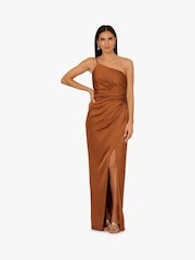 Adrianna Papell Stretch Satin Long Brown Dress - Image 2 of 6