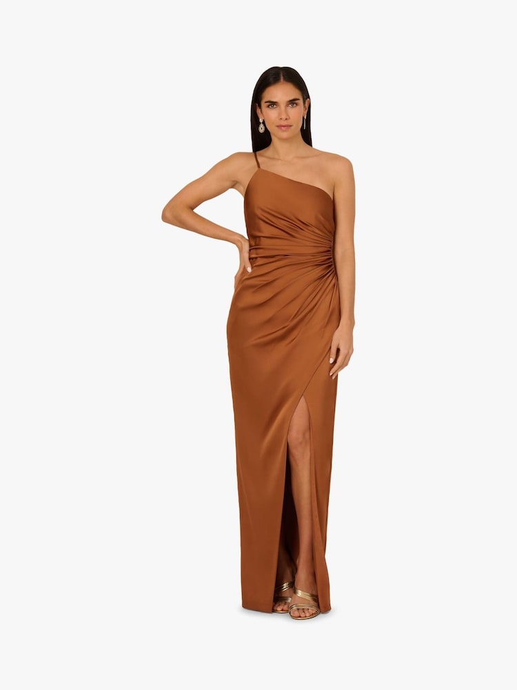 Adrianna Papell Stretch Satin Long Brown Dress - Image 2 of 6