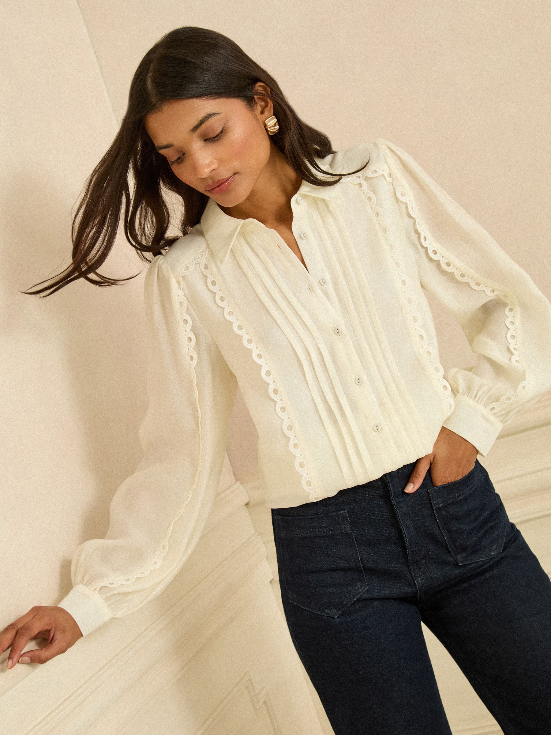 Buy Love & Roses Ivory Long Sleeve Button Through Lace Trim Shirt