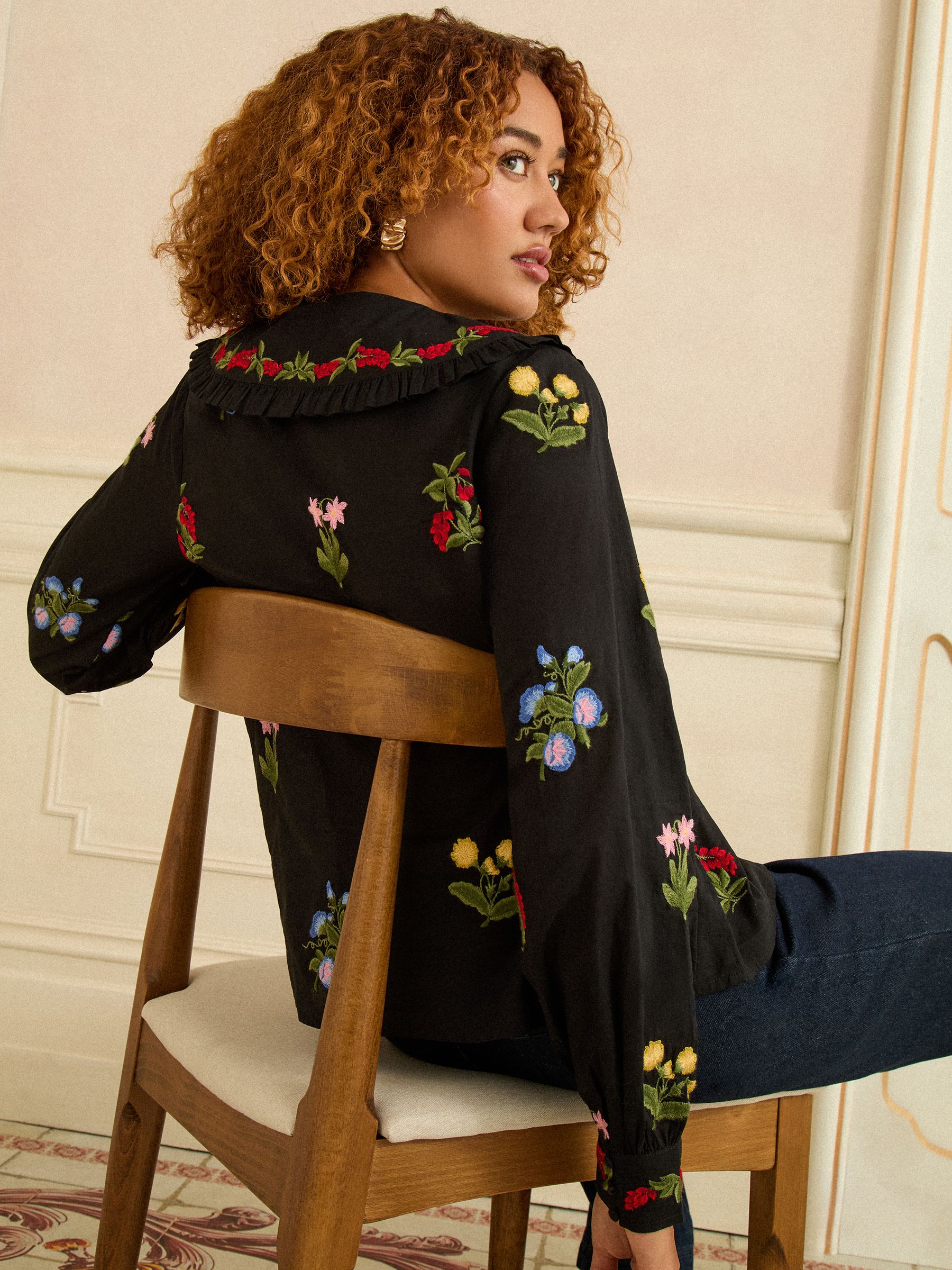 Buy Love & Roses Black Floral Embroidered Collar Blouse from the