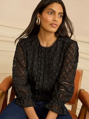 Love & Roses Black 3D Heart 3/4 Sleeve Crew Neck Blouse - Image 1 of 4