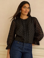 Love & Roses Black 3D Heart 3/4 Sleeve Crew Neck Blouse - Image 2 of 4