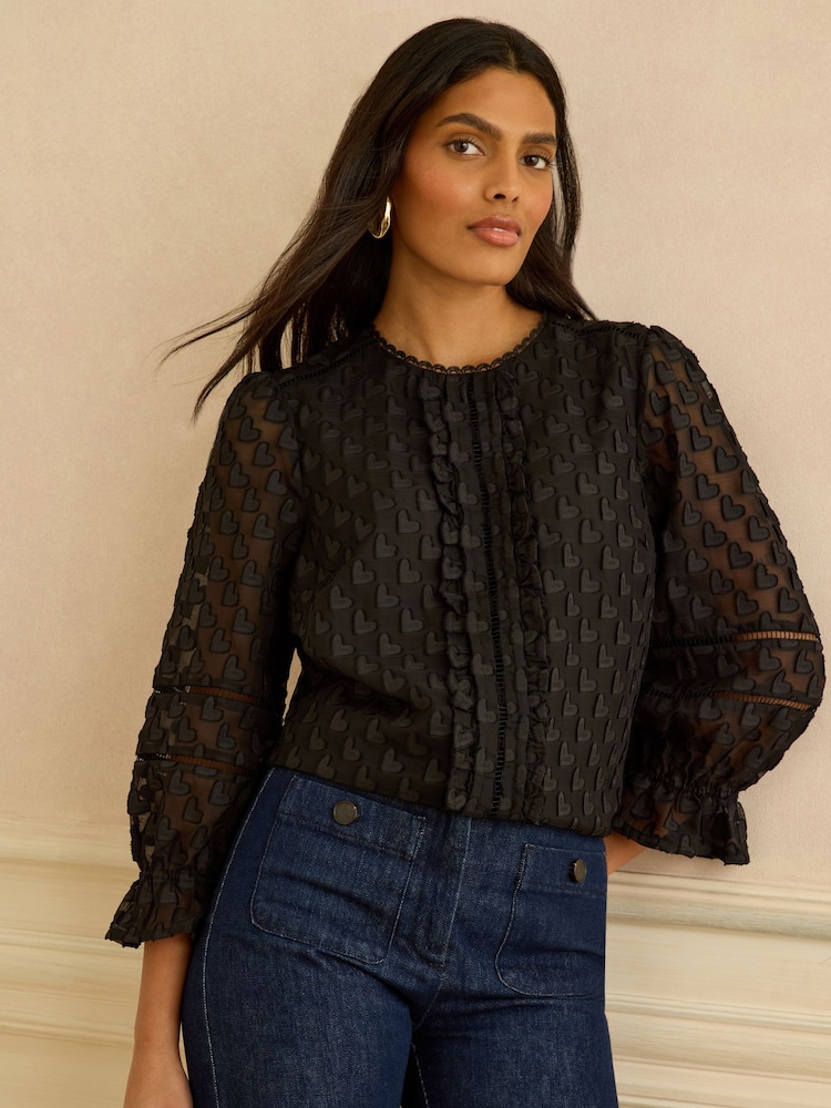 Love & Roses Black 3D Heart 3/4 Sleeve Crew Neck Blouse - Image 2 of 4