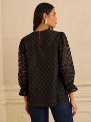 Love & Roses Black 3D Heart 3/4 Sleeve Crew Neck Blouse - Image 4 of 4