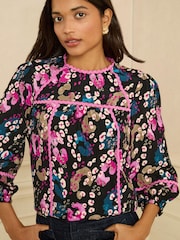 Love & Roses Black Animal Crew Neck Ric Rac Blouse - Image 2 of 4