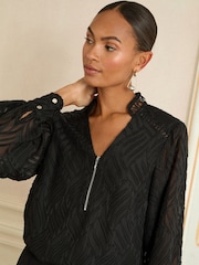 Love & Roses Black Burnout Long Sleeve Zip Front Blouse - Image 2 of 4