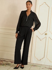 Love & Roses Black Burnout Long Sleeve Zip Front Blouse - Image 3 of 4