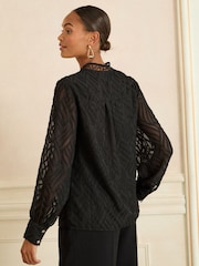 Love & Roses Black Burnout Long Sleeve Zip Front Blouse - Image 4 of 4