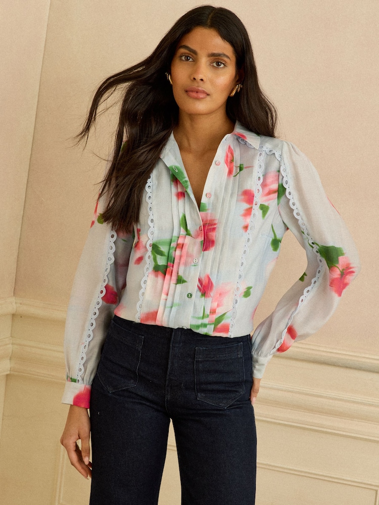 Floral azul - Love & Roses Long Sleeve Button Through Lace Trim Shirt - Imagen 1 de 4 Floral azul - Love & Roses Long Sleeve Button Through Lace Trim Shirt - Imagen 1 de 4
