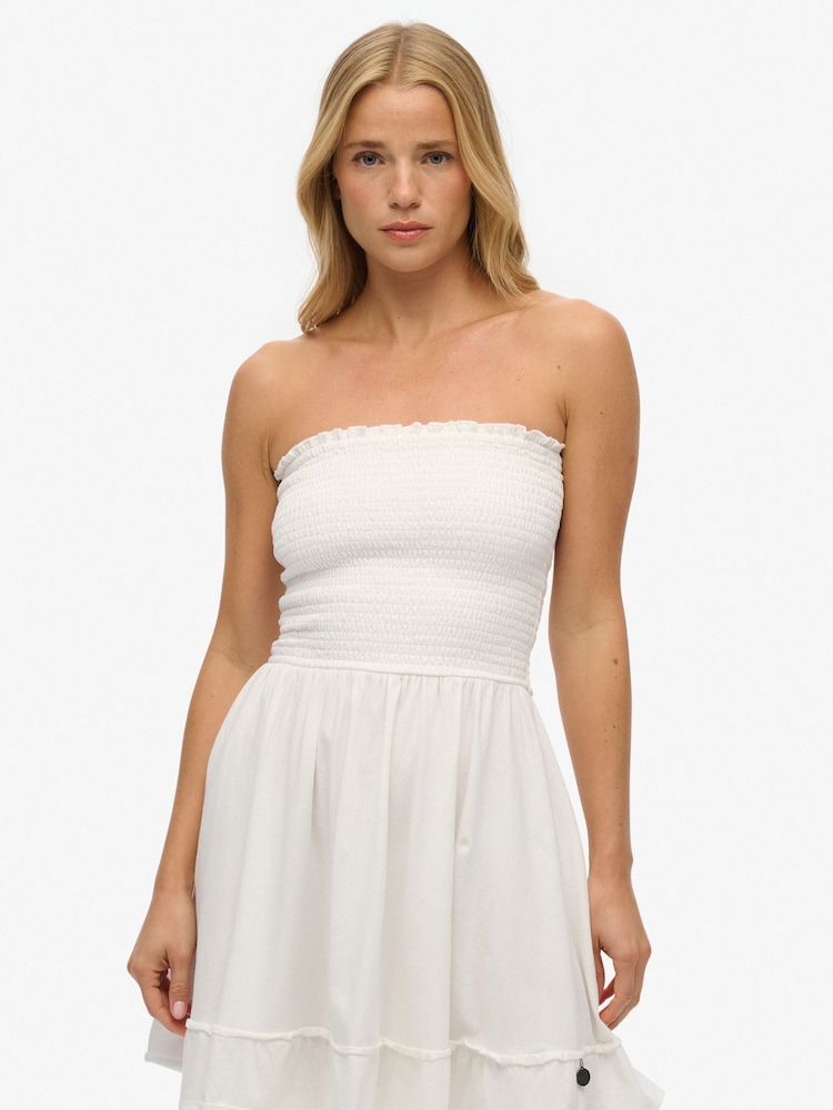 Superdry White Smocked Bandeau Mini Dress - Image 1 of 6