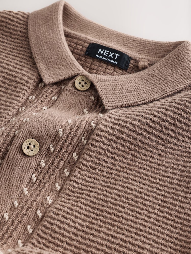 Tan Brown Textured Knitted Button Through Polo Shirt and Shorts Set (3mths-10yrs) - Image 9 of 9