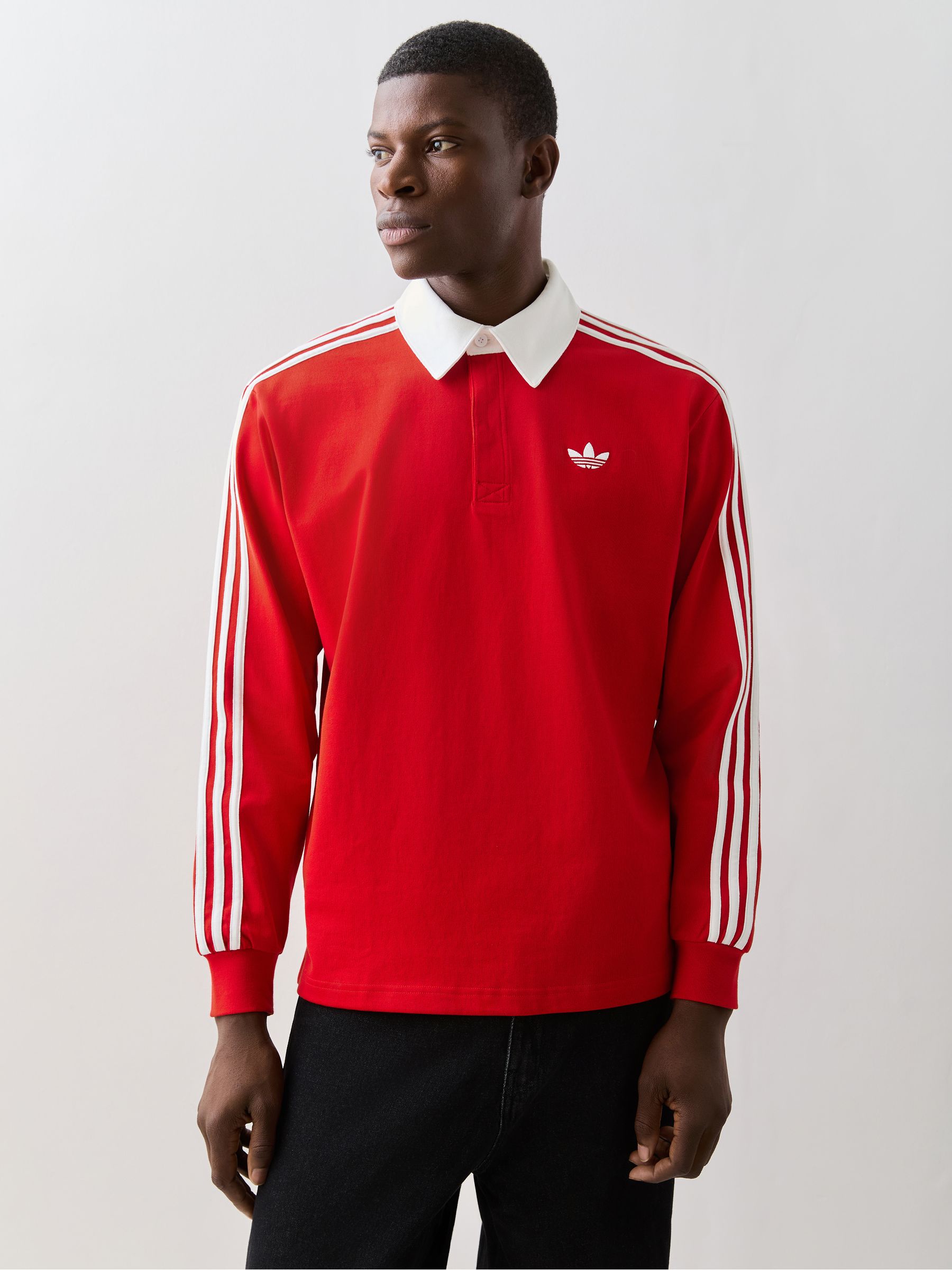 Buy adidas Originals Red 3 Stripes Rugby Long Sleeve Polo Shirt