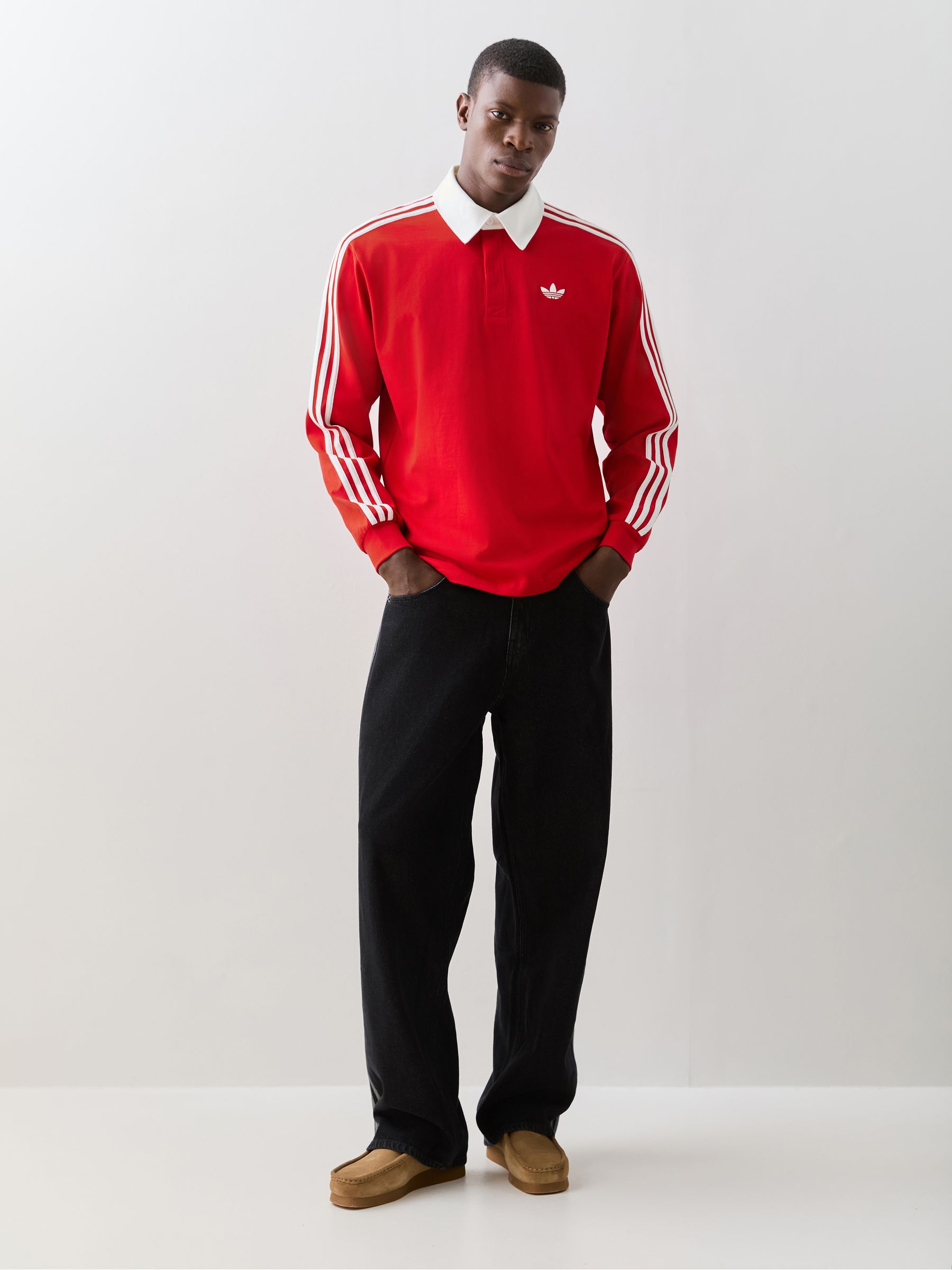 Buy adidas Originals Red 3 Stripes Rugby Long Sleeve Polo Shirt