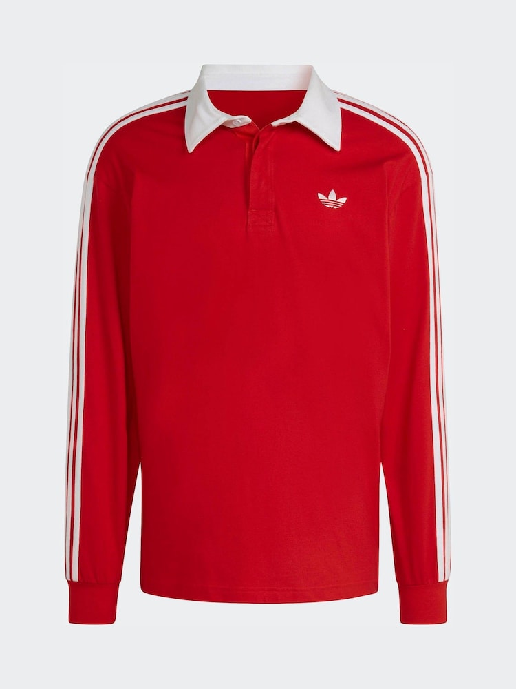 أحمر - قميص بولو راجبي بكُم طويل مزين بعدد 3 خطوط من adidas Originals - صورة 5 من 5