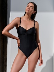 Mint Velvet Black Underwired Textured Hardware Bandeau Tummy Control Swimsuit - Image 1 of 6