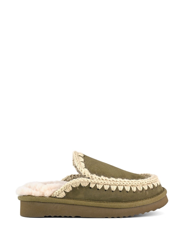 Mou Grey Suede Full Eskimo Sheepskin Lined Stitch Mule Slippers - Image 1 of 5 Mou Grey Suede Full Eskimo Sheepskin Lined Stitch Mule Slippers - Image 1 of 5