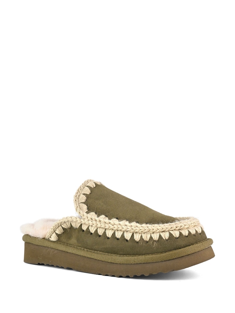 Mou Grey Suede Full Eskimo Sheepskin Lined Stitch Mule Slippers - Image 2 of 5 Mou Grey Suede Full Eskimo Sheepskin Lined Stitch Mule Slippers - Image 2 of 5