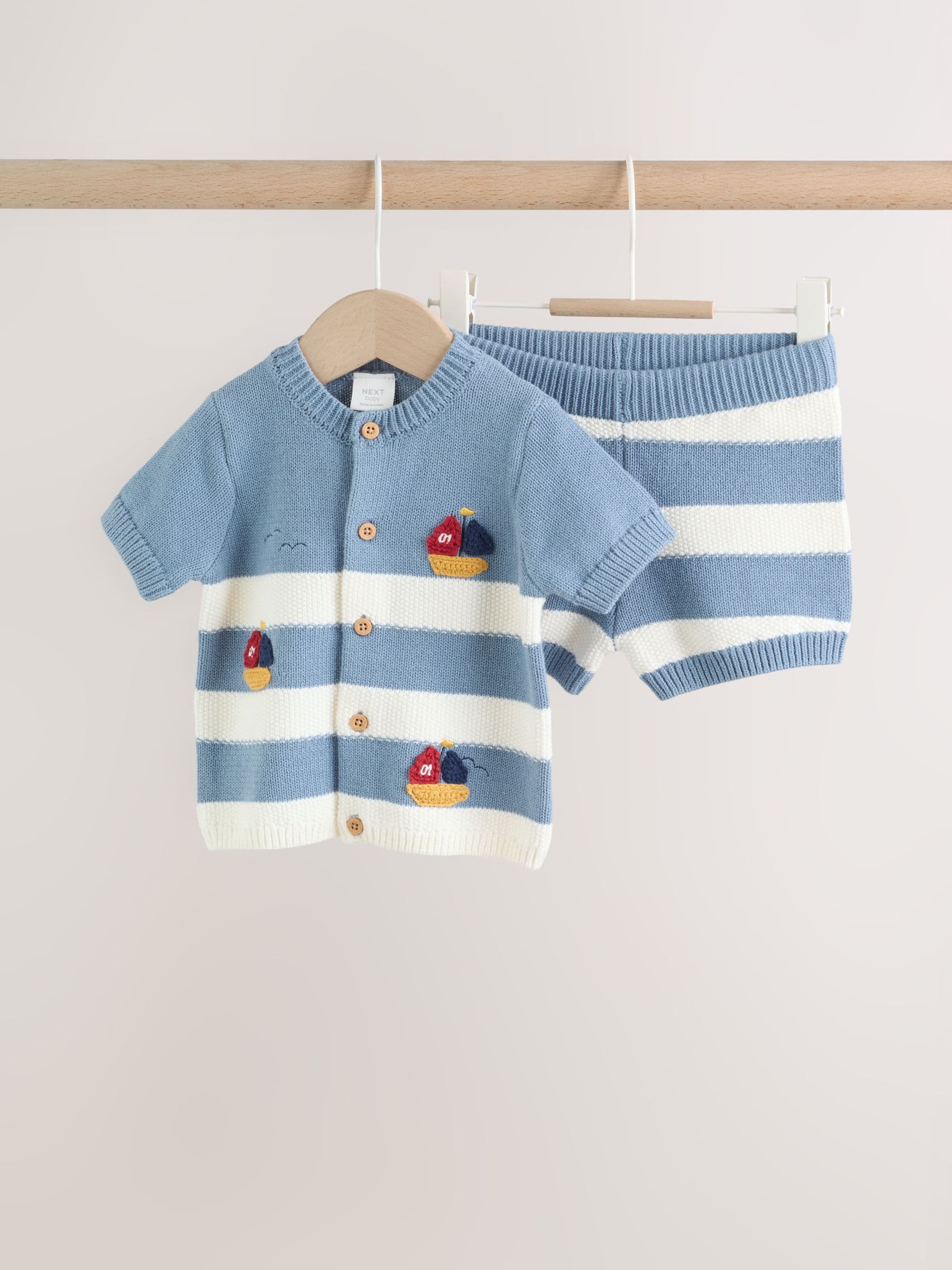 Buy Blue Nautical Stripe Knitted Top and Shorts Baby Set (0mths