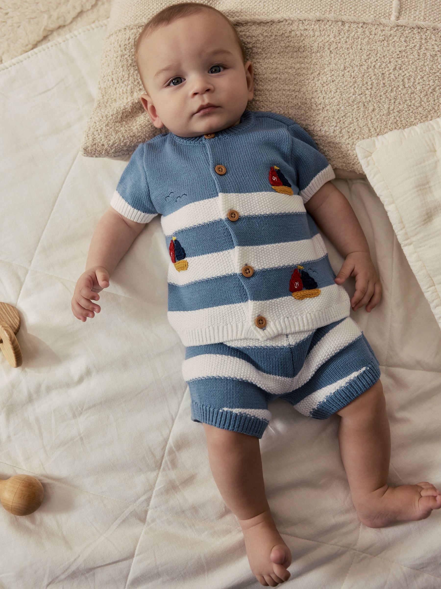 Buy Blue Nautical Stripe Knitted Top and Shorts Baby Set (0mths