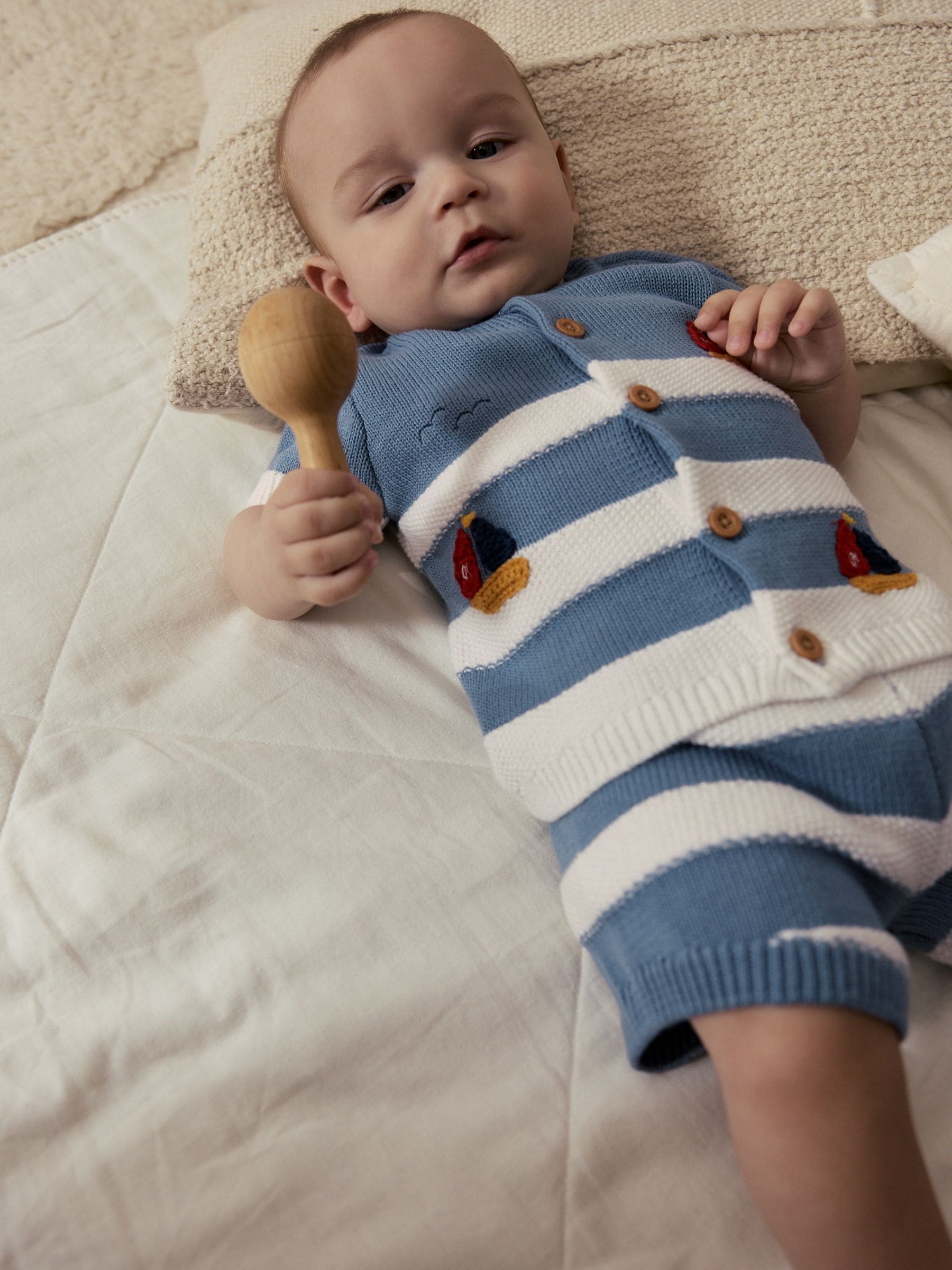 Buy Blue Nautical Stripe Knitted Top and Shorts Baby Set (0mths